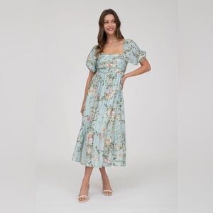 Square Neck Puff Sleeve Floral Midi Dress in Light Blue